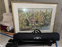 Framed landscape painting with trees and pond, Winsor & Newton portable easel folded with black carrying case in front.