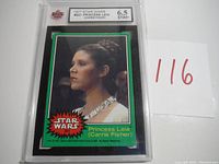 Front view of the 1977 Star Wars #221 Princess Leia trading card graded 6.5 ENM+ by KSA, showing the card's artwork and grading label.