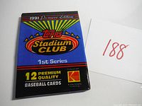 Front of the unopened 1991 Topps Stadium Club baseball card pack with logo, series, and card count visible