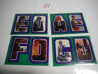 Six Star Wars letter stickers laid out in two rows showing letters E, O, A, F, Q, and D with character images inside each letter