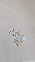 Top-down photo showing 14 mixed shape natural rainbow moonstone cabochons with blue flash on a white background.