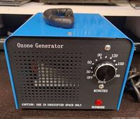 Front view of blue ozone generator with ventilation holes, timer dial, and run mode indicator light.