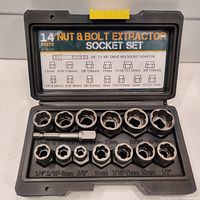 Top view of the opened black molded plastic carrying case showing 14 nut and bolt extractor sockets and an adapter, with size labels inside the lid.
