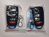 Two black programmable garage door remotes, each sealed in clear plastic bags with instructions, both have four buttons labeled A, B, C, D and metal keychain clips attached.