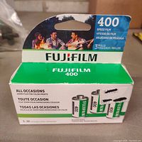 Front view of box showing brand Fujifilm, speed 400, and indication of 3 rolls of 36 exposures each.