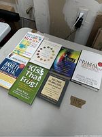 Photo showing all 7 self improvement books laid out on a table.