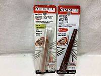 Full view of both Rimmel London eyebrow products in original packaging showing product names, shades and benefits.