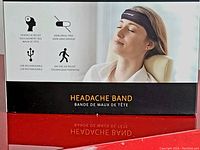 Front packaging showing product use illustration and benefits like drug-free relief and USB rechargeability.