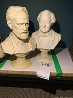 Front and side view of two alabaster busts on marble bases depicting Tschaikowski (bearded) and Rossini (with bow tie)