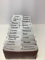 Photo showing the top view of the box with NFL team dividers and stacks of cards behind each, sorted alphabetically.