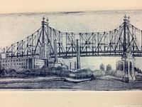 Close-up detail of Queensborough Bridge showing intricate etching lines and architectural features