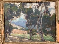Painting image, trees in foreground and hills in background