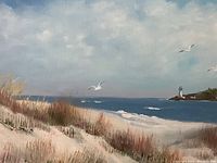 Close-up of the oil painting showing the beach landscape with sand dunes, sea grass, ocean, seagulls, and lighthouse in background under a cloudy sky.