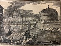 Close-up of the engraving showing the details of the Bridge and Castle of St. Angelo, and surrounding architectural and river scene.