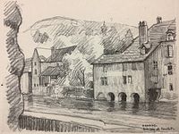 Close-up of the lithograph showing detailed shaded drawing of buildings by a river, signed 'Ornans Maison de Courbet'.