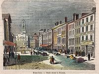 Close-up photo of the color aquatint print showing a street scene with buildings and people, signed lower left by RENARD, titled below the image 'Etats-Unis - State street à Boston'.