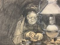 Close-up of woman sewing by the lamp showing detailed features and chalk shading.