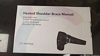 Box front of the heated shoulder brace manual detailing adjustable size, 3-level temperature control, quality neoprene, and shoulder pain relief.