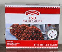 Front of box showing product image and key features, including size and wire color, indicating 150 red net lights on green wire for 6x4 ft area indoor/outdoor use.