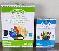 Front view of two boxes of Holiday Time Christmas light sets, one with 50 color changing LED C7 lights and the other with 50 multi-color LED mini lights.