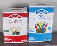 Front of two boxes showing 100 clear mini lights and 50 multi-color LED mini lights from Holiday Time with green wire.