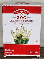 Front of box showing Holiday Time brand, 300 clear mini lights, green wire, 59 ft length, indoor/outdoor use