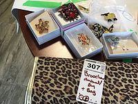 Full lot showing approximately 9 animal and insect brooches and Joan Rivers jewelry bag with leopard print.