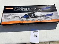 Box of FastenPro heavy duty 17-1/2 inch hand riveter with collection bottle and multiple sizes of rivets shown on packaging