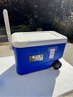 Blue Igloo wheeled cooler with white lid and tall white handle, two wheels on one side, shown outside on white surface.