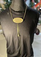 Necklace worn on a black mannequin showing size and drape of the large oval pendant with dangling snake and chain.