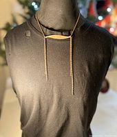 Full view of the necklace displayed on a black mannequin with the brass pod pendant centered horizontally and chain hanging vertically on either side.