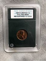 Photo of encapsulated 1955 S Lincoln Wheat Cent Penny with label showing MS69 Full Red grade and Full Strike designation by INB Certified.