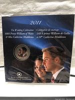 Front of the packaging showing 2011 Wedding Celebration text with images of Prince William and Catherine Middleton, Royal Canadian Mint logo visible.