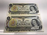 Two crisp uncirculated 1973 Bank of Canada one dollar bills with serial numbers BFB6597824 and BFB6597825.