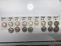 Buffalo Nickels arranged in labeled coin holders organized by year; 1925 through 1937 with quantities marked.