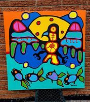 Frontal view of painting against brick wall