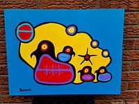 Full front view of the stretched canvas against a brick wall background