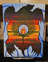 Full view of original acrylic painting on canvas by Peter Bighetty titled 'Turtle' featuring a stylized black turtle silhouette framing a sunset and tree landscape with a central flame circle.