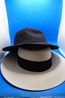Two hats stacked: black winter fedora-style hat on top of white summer wide-brimmed hat with black band