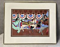 Photo of entire framed artwork showing four carousel horses in vibrant colors, framed and matted.