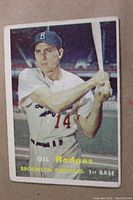Front view of the 1957 Topps Gil Hodges baseball card showing player image and text.