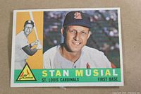 Front of 1960 Topps Stan Musial card showing color portrait and left side batter action image, card number 250, St. Louis Cardinals designation, first base position.