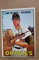 Front view of 1967 Topps Jim Palmer baseball card showing photo and team name Orioles.