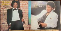 Front covers of Michael Jackson Off the Wall and Thriller vinyl albums, showing album art and Michael Jackson in iconic poses.