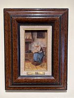 Full view of framed painting showing wood frame, linen matte, brass nameplate and overall composition