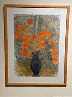Full view of the framed pastel painting featuring a dark vase with orange lantern-like flowers and other dried elements.