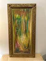 Full view of the framed vintage abstract oil painting on canvas showing the overall artwork and gold textured frame.