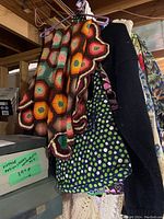 Afghan and assorted garments hanging on rack