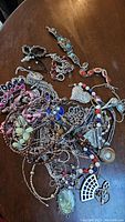 Overview of assorted costume jewelry including necklaces and bracelets with various colorful stones and beads.