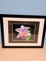 Framed photograph showing the full framed image of the pink orchid flower with black frame and beige matting.